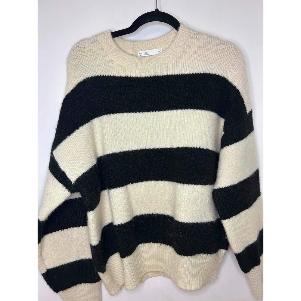 Oak + Fort Sweater Womens XS Cream Black Striped Crewneck Knit Relaxed Fit